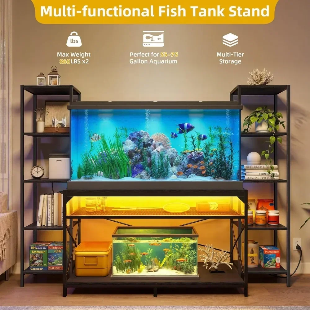 Supporto per acquario da 55-75 galloni con prese di corrente e luce a LED, espositore per acquario per tartarughe, terrario per rettili