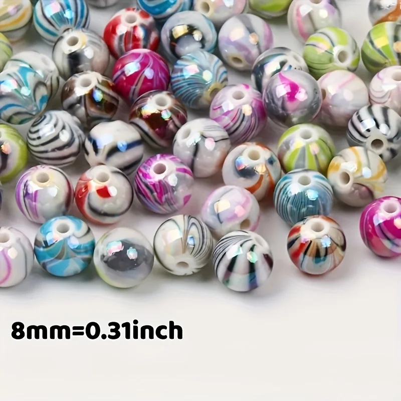 60 Stück Acrylperlen-Mix, 8mm Bunte Gemusterte Perlen Sortiment für DIY Schmuckherstellung, Mode-Perlenarbeiten und Bastelzubehör – Detail 3