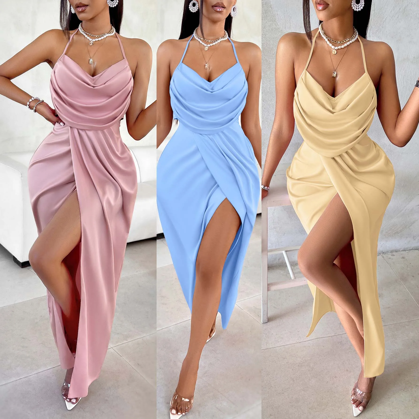 

Pleated Sexy Slit Dress Lady Long Party Bodycon Evening Dresses 2024 Women Summer Elegant Luxury Birthday Club Pink Dresses