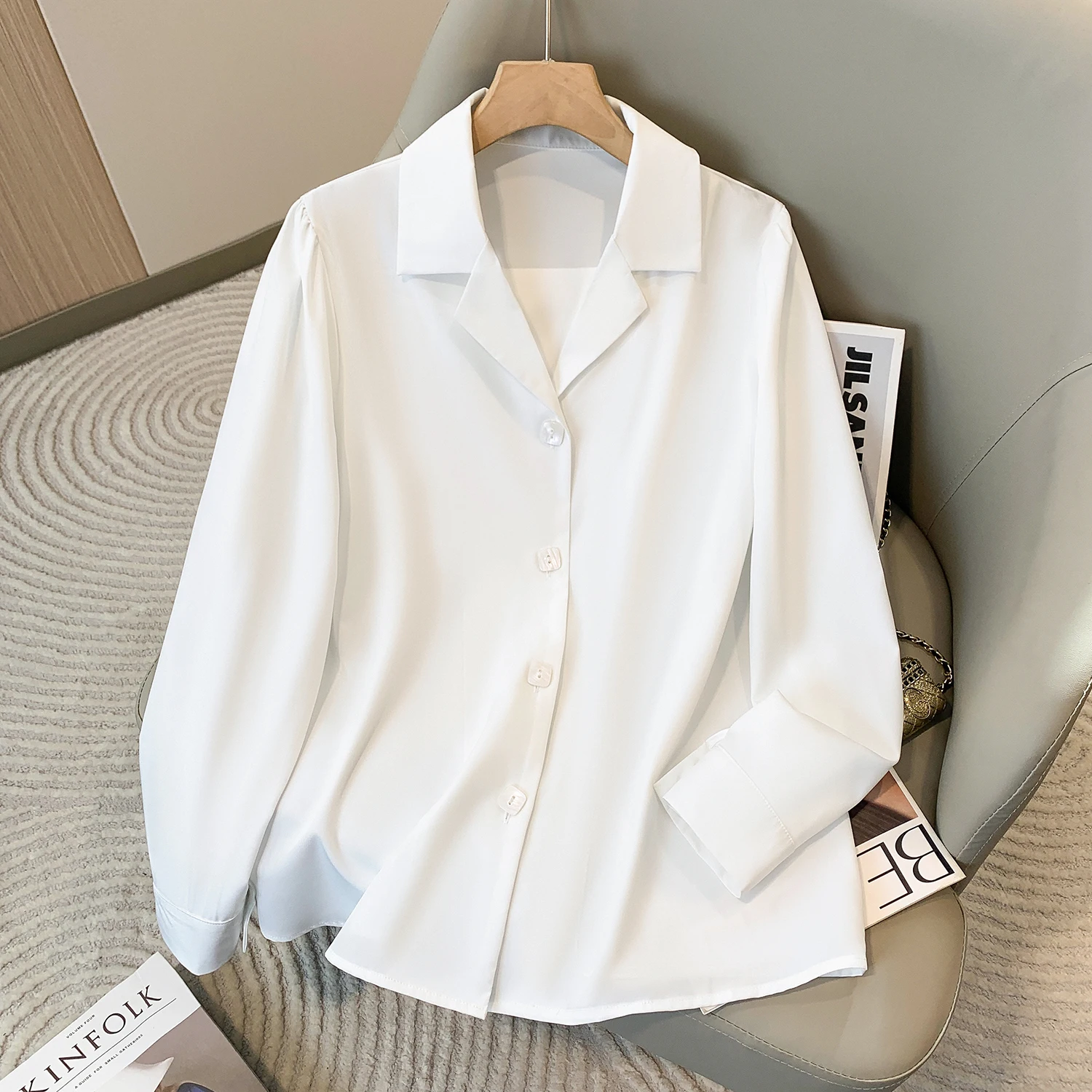

2025 Spring Autumn New Plus Size Women's White Shirt Office Wear Suit V-Neck Professional Commute Formality Chic Female Blouse