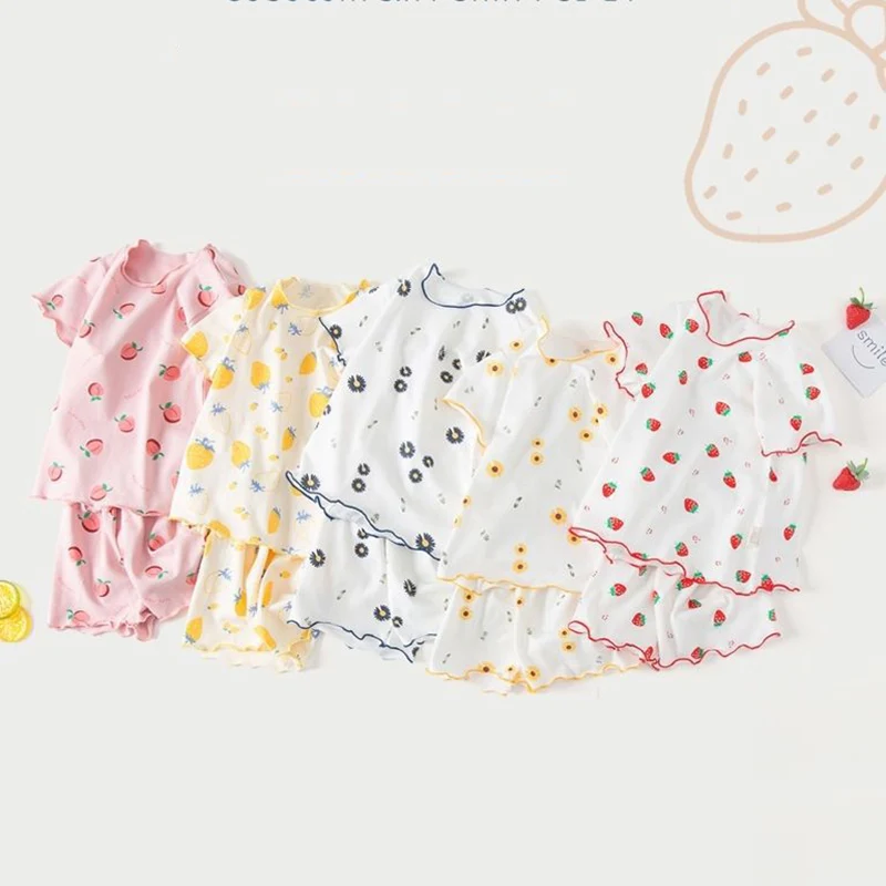 2 قطعة ملابس الفتيات الصيف مجموعات طفل الفتيات الفاكهة طباعة قصيرة الأكمام بلايز السراويل الدعاوى الفتيات رقيقة Homewear منامة الاطفال تي شيرت