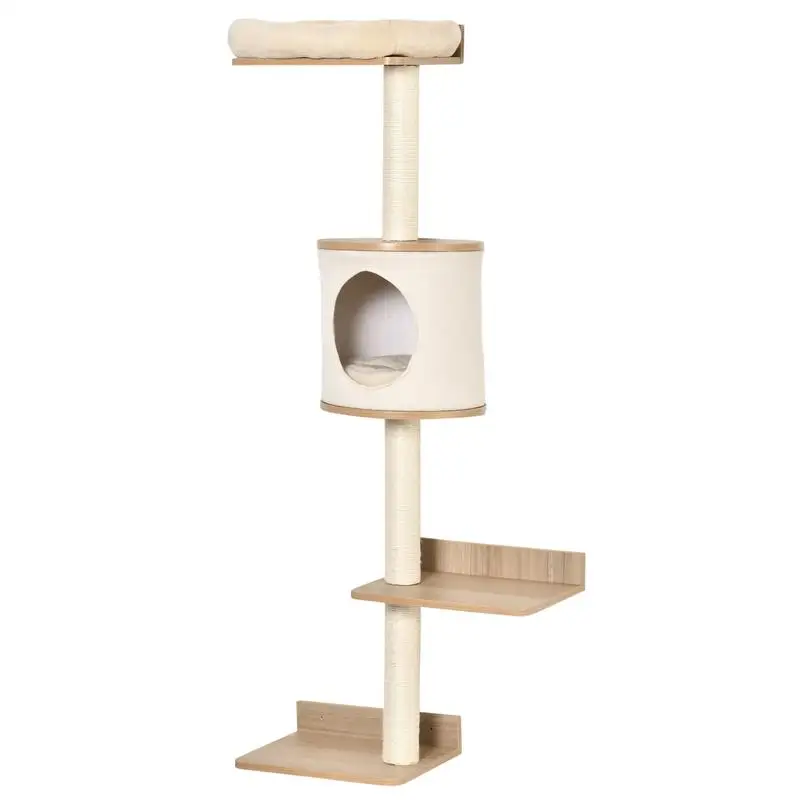 PawHut 4-Level Wall-Mounted Cat Tree Activity Tower, Wall Cat Shelves with Sisal Ropng Posts, Cat Condo and Bed, Light Brown