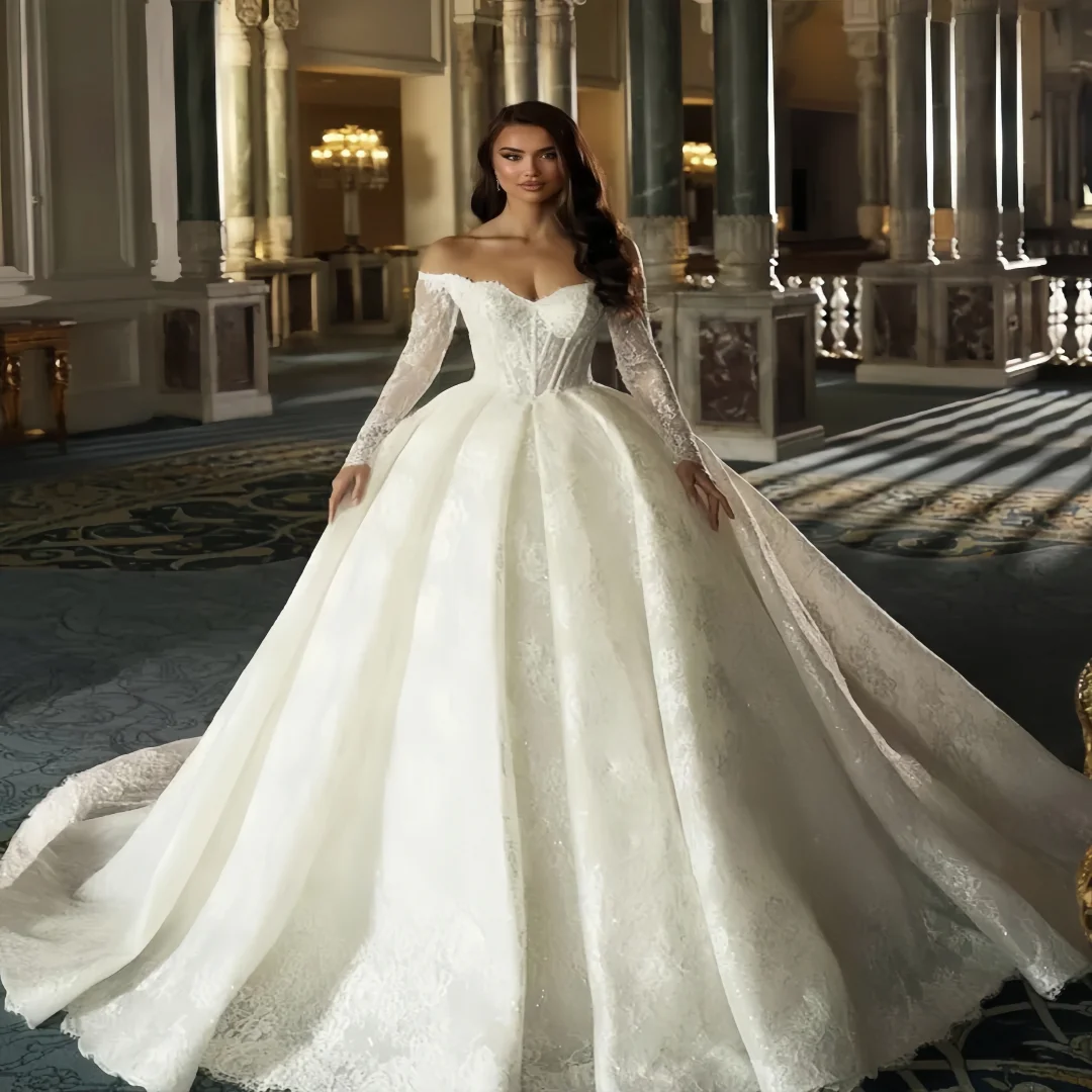 Customized Luxury Lace Wedding Dresses A Line Sequins V Neck Long Sleeves Wedding Gowns Bridal Gowns Robe  Vestidos De Novia