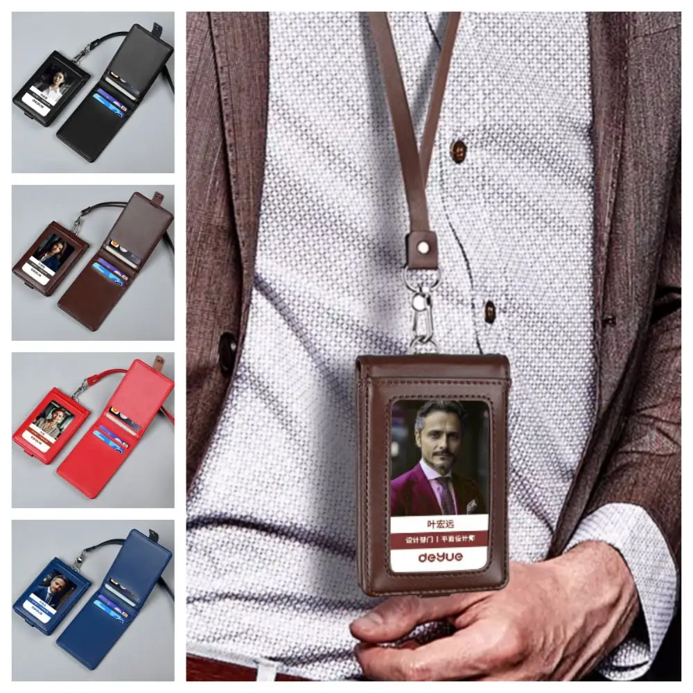 Leather ID Tag Badge Holder Protective Buckle Employee Pass Work Card Case Photocard with Lanyard Flip Chest Card Bag