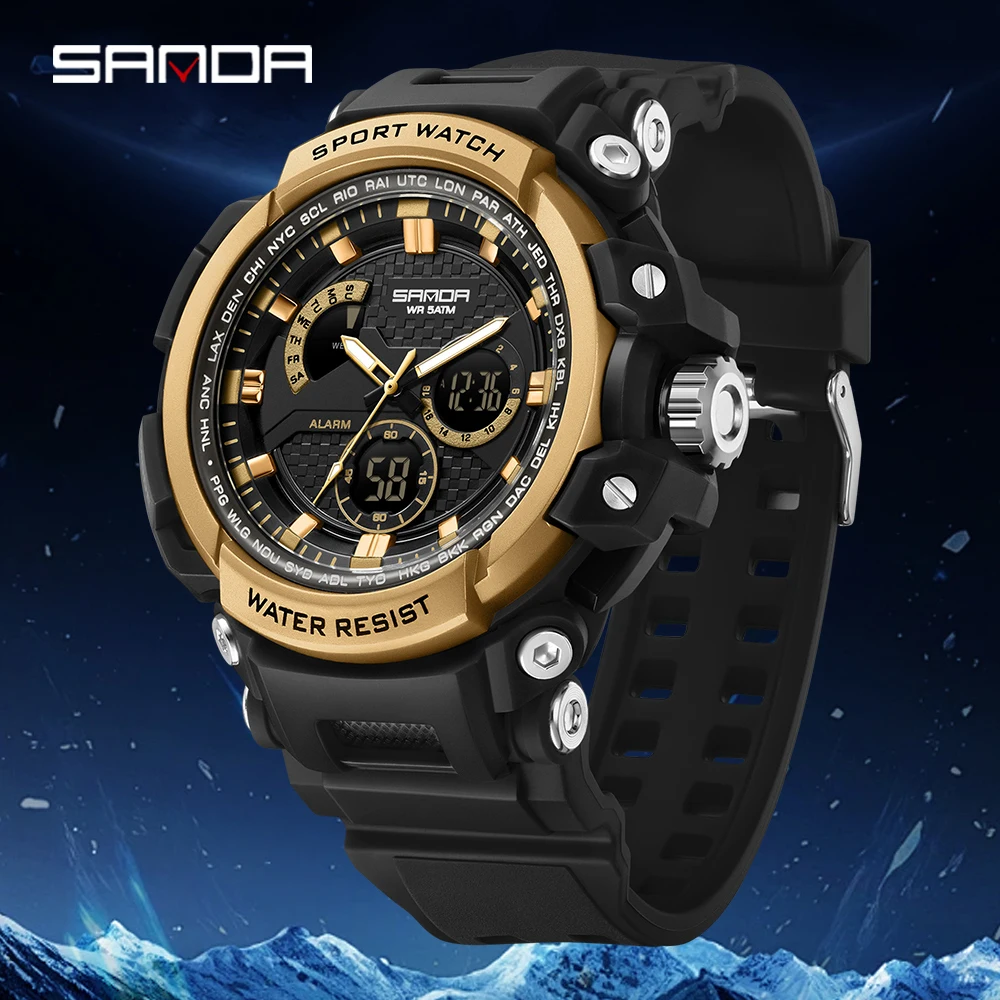 SANDA 2026 new 3388 Fashion Student Electronic Watch Multi functional Waterproof Alarm Clock Dual Display Men's Electronic Watch