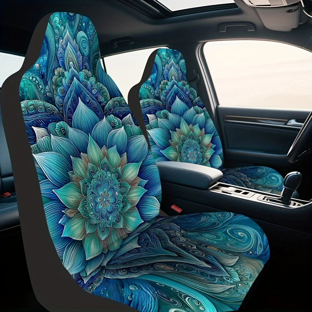 Set Of 2, Universally Compatible For Vehicles, Suvs, Sedans, And Trucks, Featuring Blue Floral Mandala Design Car Seat Covers Su