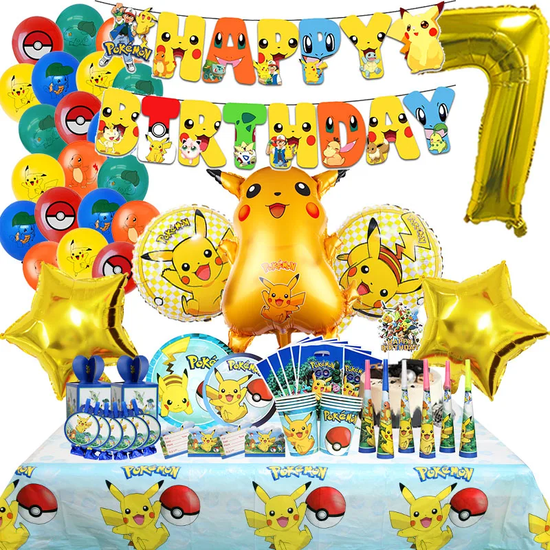 Pikachu Geburtstagsparty Dekoration Hintergrund-Banner für Kinder Aluminiumfolie Latexballons Einweggeschirr Kindergeschenk