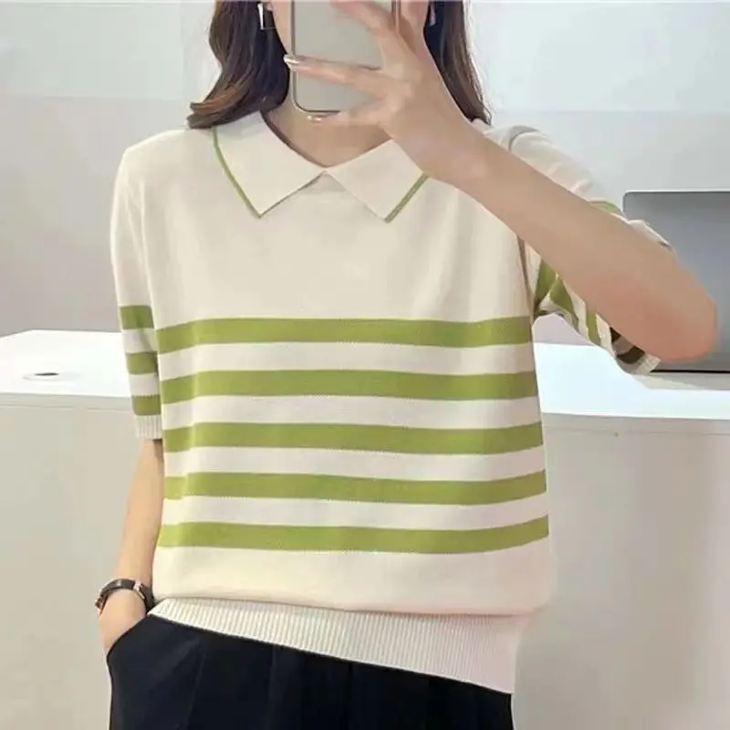 2024 New Korean Version Minimalist Commuting Lapel with Contrasting Stripes and Loose Oversized Casual Ice Silk Knit T-shirt