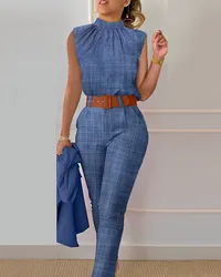 Tweedelige sets Damesoutfits 2023, zomermode, denimlook, print, ruches, mouwloze top en casual broek met hoge taille en zak