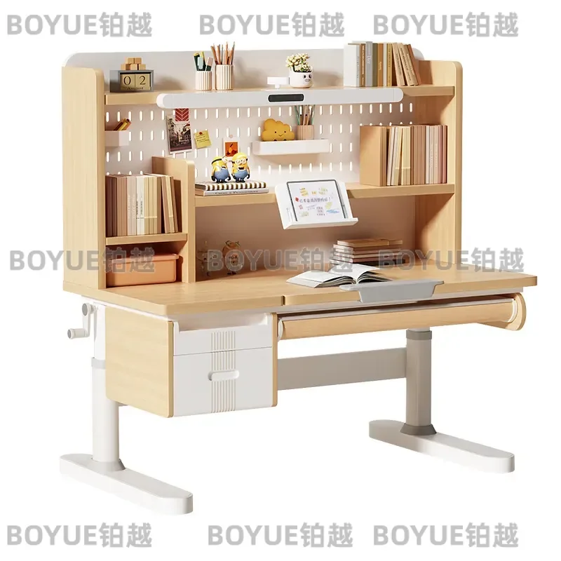 Adjustable Solid Wood Kids Study Desk with Bookshelf and Lamp Integrated Student Writing Table Height Adjustable Home