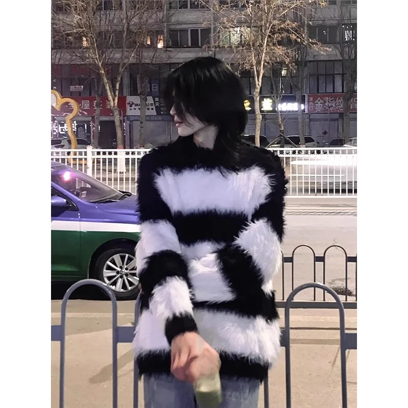 

Мужской черно-белый полосатый вязаный свитер-кардиган для осени и зимы, базовый слой Cleanfit, американский стиль, вязаное пальто в стиле Lazy Sle