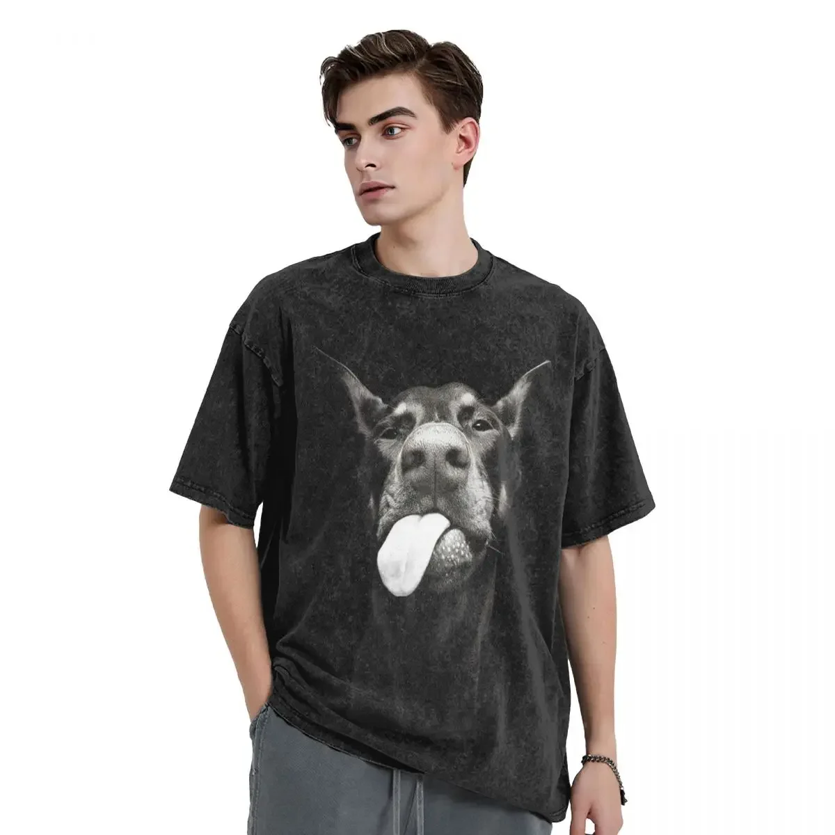 Washed T Shirts Gothic Letter Dog Dobermann Hip Hop Vintage T-Shirts Harajuku Punk Gothic 100% Cotton Graphic Tops Tee Shirt image 2