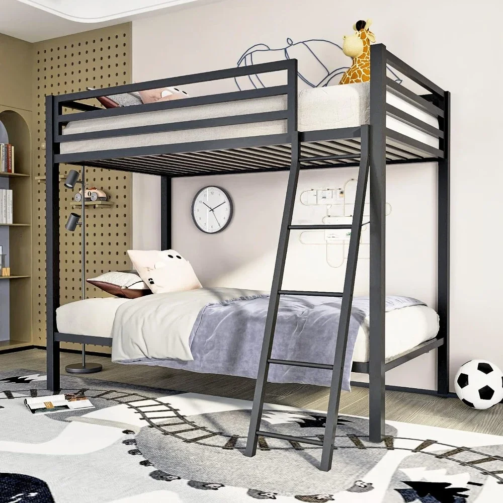 

Metal Bunk Bed, Twin Over Full Size Beds with Sturdy Guard Rail & Removable Ladder, Space-Saving/Noise-Free/Matte Black