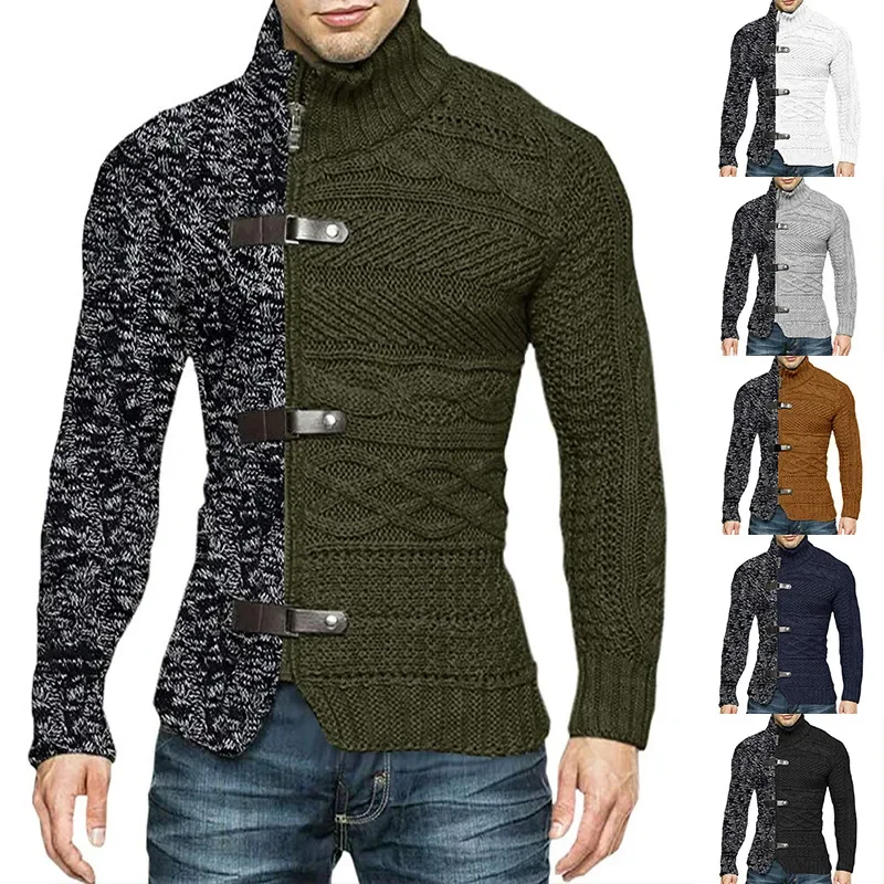 

Autumn and Winter New Men's Fashion European and American Color Matching High Collar Knitted Cardigan Long Sleeve Sweater Coat