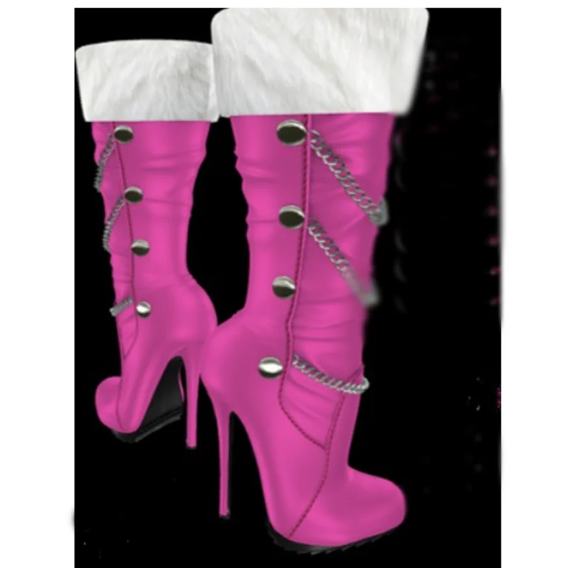 Pink Chain Buckle Fur Boots Matte Thin High Heel Sexy Fashionable Cool Winter Casual Big Size Woman Shoes Zapatillas Mujer