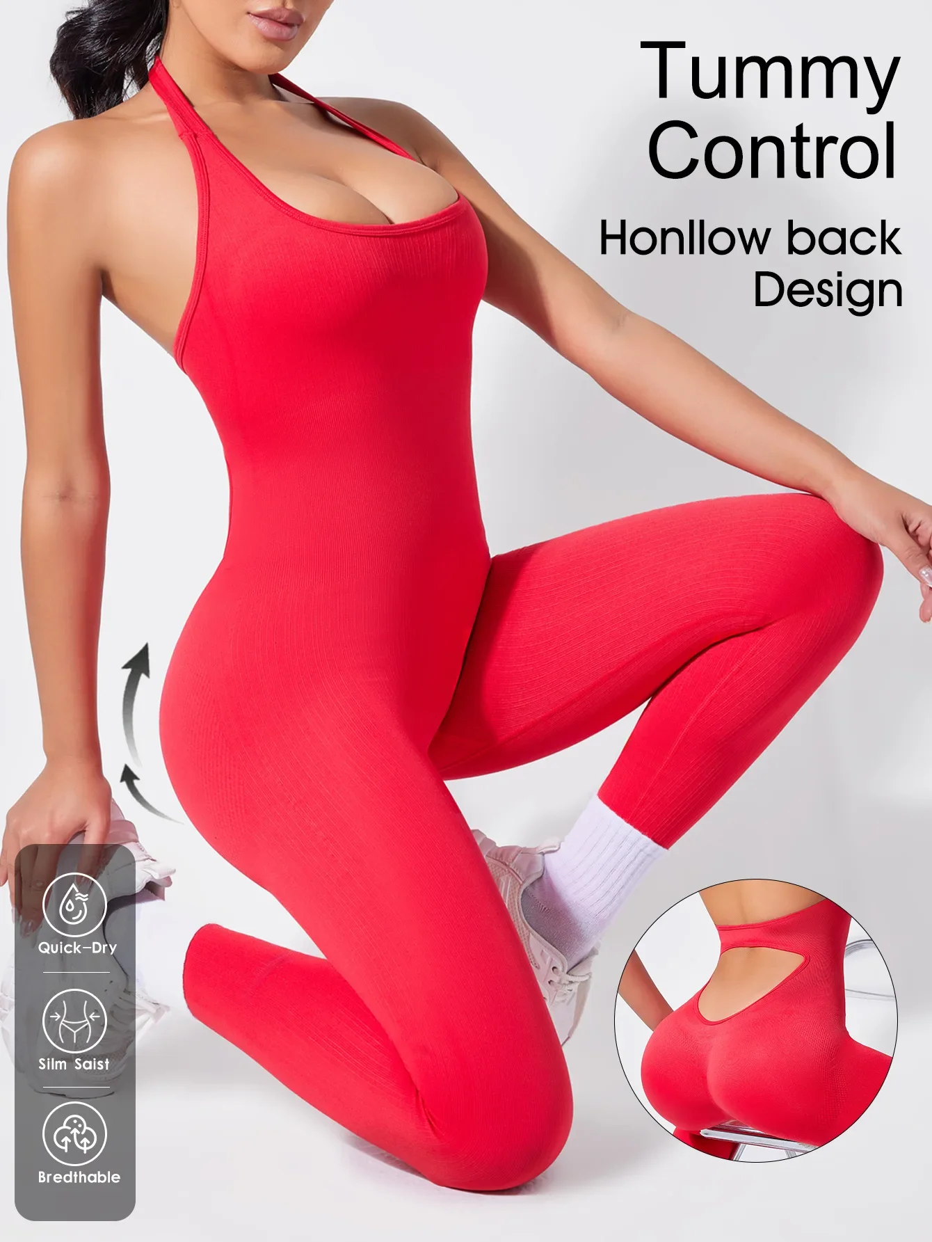 Square Neck Backless Yoga Jumpsuit High Waist Seamless Nudity Ultra Stretch Women Gym Sportswear Summer Rompers Ribbed Jumpsuits