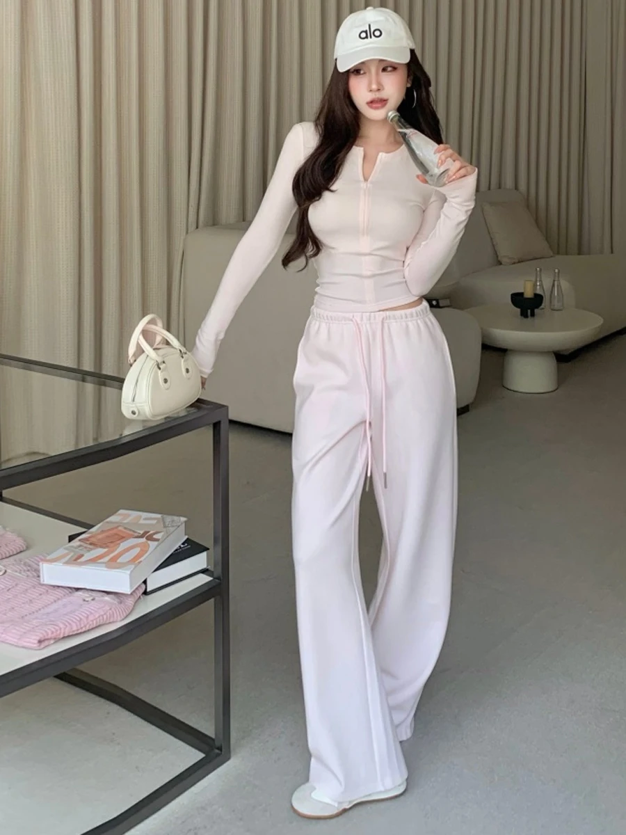 Early Autumn Korean Style Fashion Casual Soft Cozy round Neck Long Sleeve T-Shirt Top Drapey Wide Leg Pants Elegantly Designe...