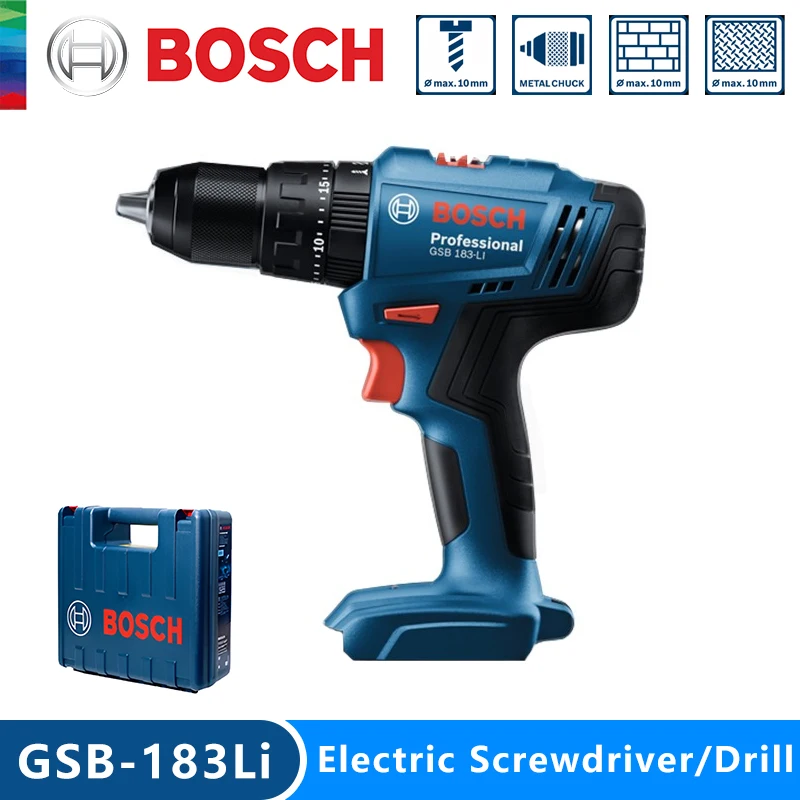 Bosch Electric Drill GSB183-LI Screwdriver Cordless Brush Impact Drill 56Nm Torque Multi-Use Power Tools for Wood Stone Metal