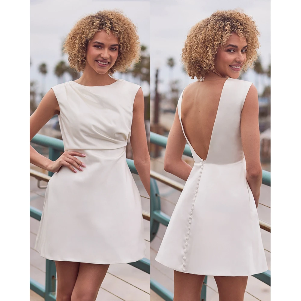 

Classy Wedding Party Dresses Satin Sheath/Column Civil Wedding Dress Ivory O-Neck Pleat Covered Button Backless Wedding Gown