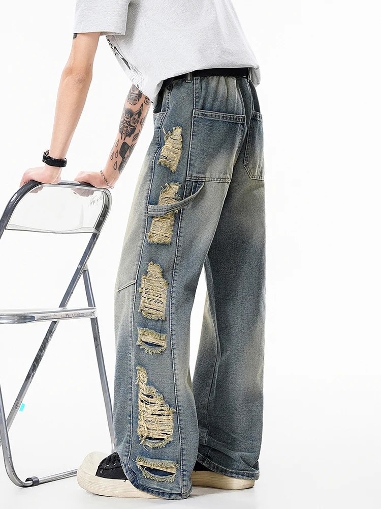 KSTUN Men's Vintage Wash Distressed Ripped Jeans Loose Straight Leg Pants Elastic Waist Streetwear Destroyed Side Fringe Details