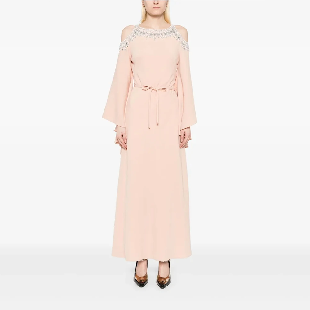 

Pearl Pink Women's Evening Gown Ankel Length Formal Party Dress A Line Prom Dress Long Sleeves Beading Saudi Arabia Dress