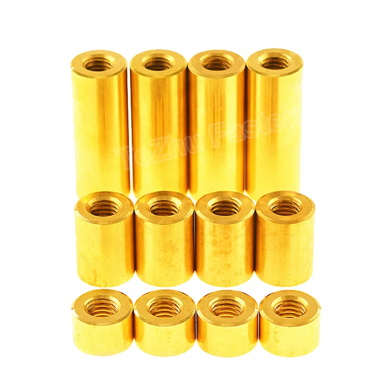 2pcs M5 Brass Round Coupling Nut Female Thread Cylindrical Stud Standoff Sleeve Double Pass Hollow Pillar Width 8mm L=5-100mm