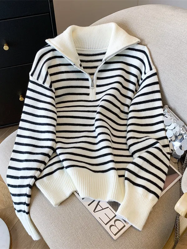 

Women's Winter Large Size Zipper High Collar Striped Knitwear Versatile Casual Sle Long Sve Top for Daily Wear
