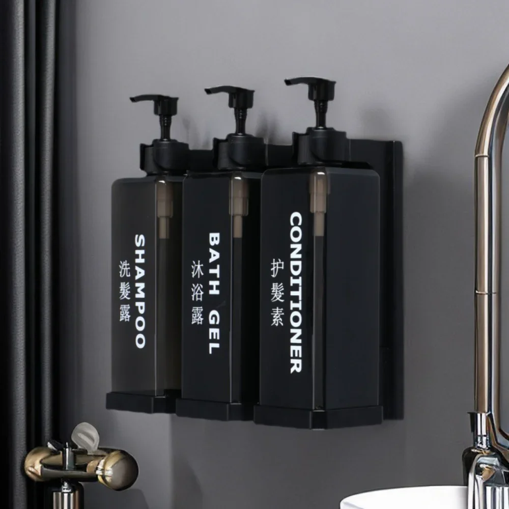 Hotel-specific punch-free wall-mounted shampoo and shower gel dispensers, with lockable bottles and manual soap dispensers