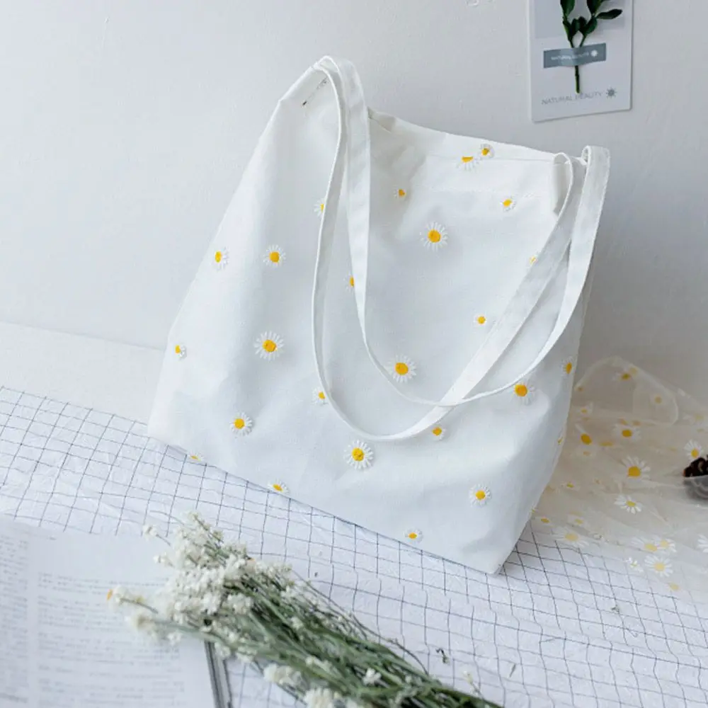 Women Canvas Bags Girls Shopping Handbag Casual Embroidery with Daisy Crochet Cute Mesh Shoulder Bag Tote