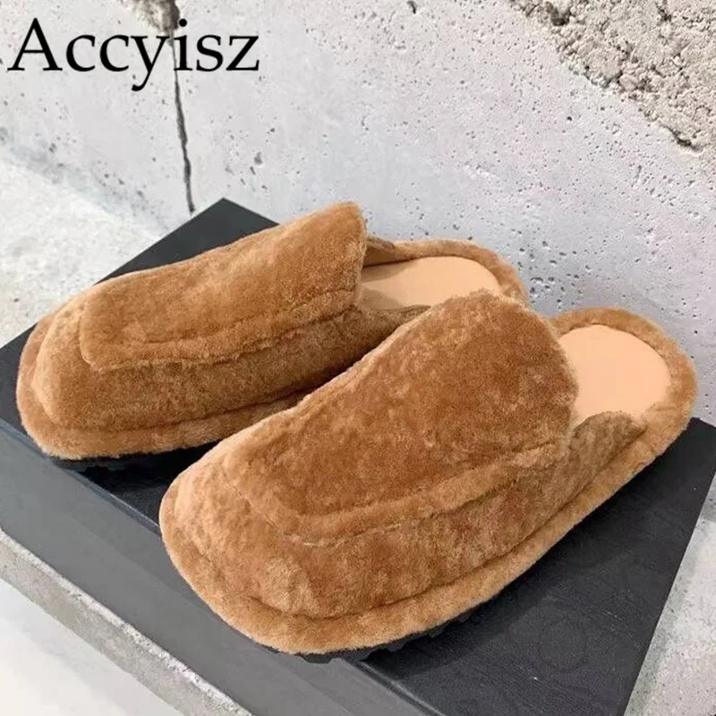 

Spring Autumn Closed Toe Fur Slippers Solid Color Flat Half Slippers Women's Thick Bottom Casual Shoes Non-slip Lazy Mules Shoes