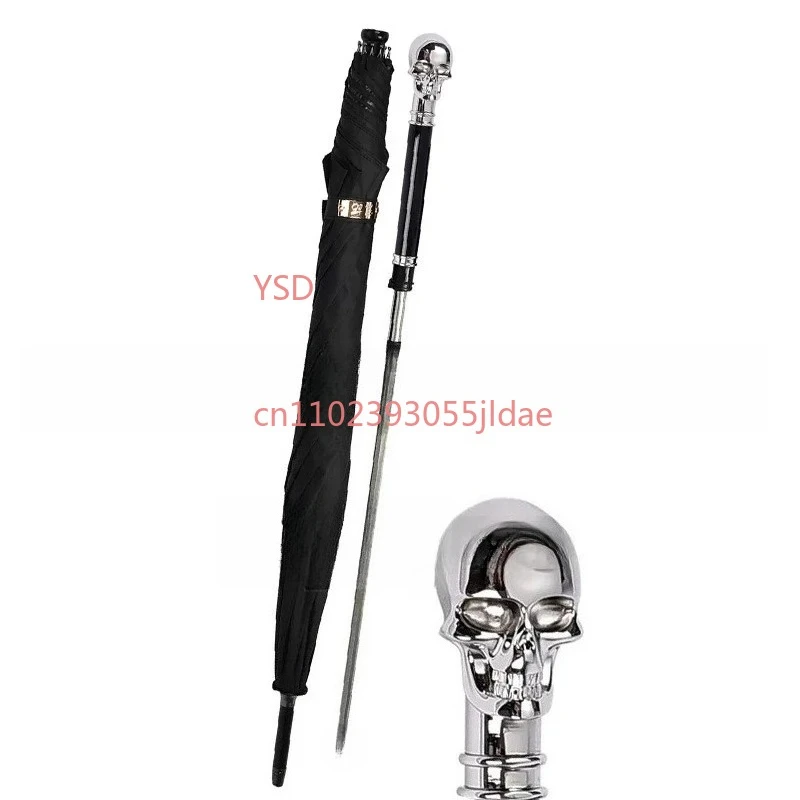 Creative Skull Pattern Cane Umbrella | Black Plastic Retractable Dual-Use for Sunny & Rainy Days view 4