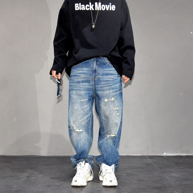 Vibe Trendy Blue Distressed Ripped Wide Leg Jeans, American Retro Loose Straight Versatile Denim Trousers