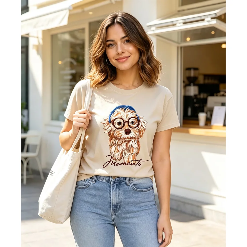 Women's Cute Curly Puppy With Glasses Headband Graphic T‑Shirt, Retro Dog Mementos Signature Print Casual Short Sleeve Tops