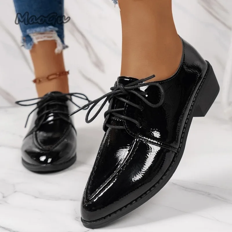 

Elegant Patent Leather Dress Shoes Women 2025 Spring Summer Fashion Pointed Toe Thick Heels Single Shoes Plus Size 43 Loafers