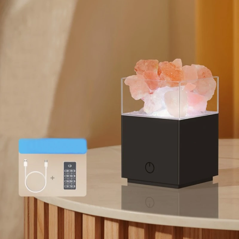 Natural Crystal Salt Lamp with Remote Control USB Power Cable Projector Sleep Night Light Air Purifier Decor