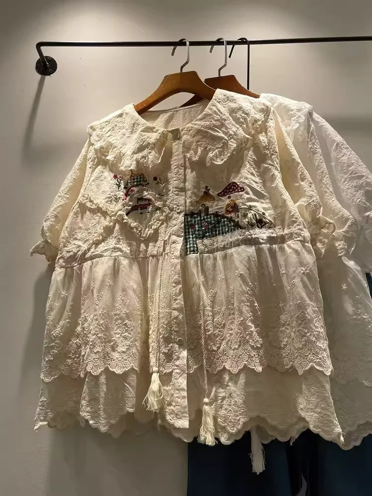 

2025 jiri kei blouse Japan style peter pan collar cartoon mushroom embroidered shirts cotton sweet lace patchwork blouses