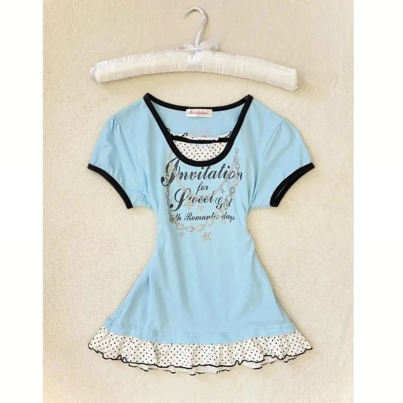 

Blouse T-shirt Women's Retro Polka Dots Patchwork Slim Fit Short Sleeves Y2K Faux Two-piece Fashionable Casual Comfortable Niche