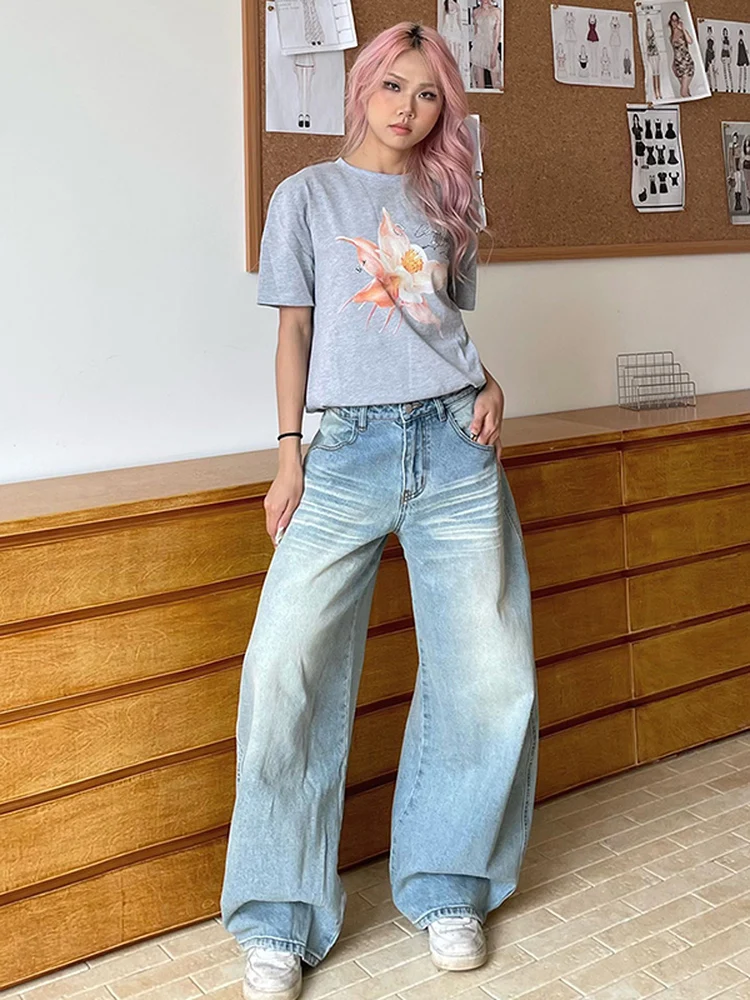 

YAMMYUKI American Retro Spicy Girl Curved Knife Jeans Waed Straight Loose Slimming Wide Leg Pants Casual High Waist Long Pants