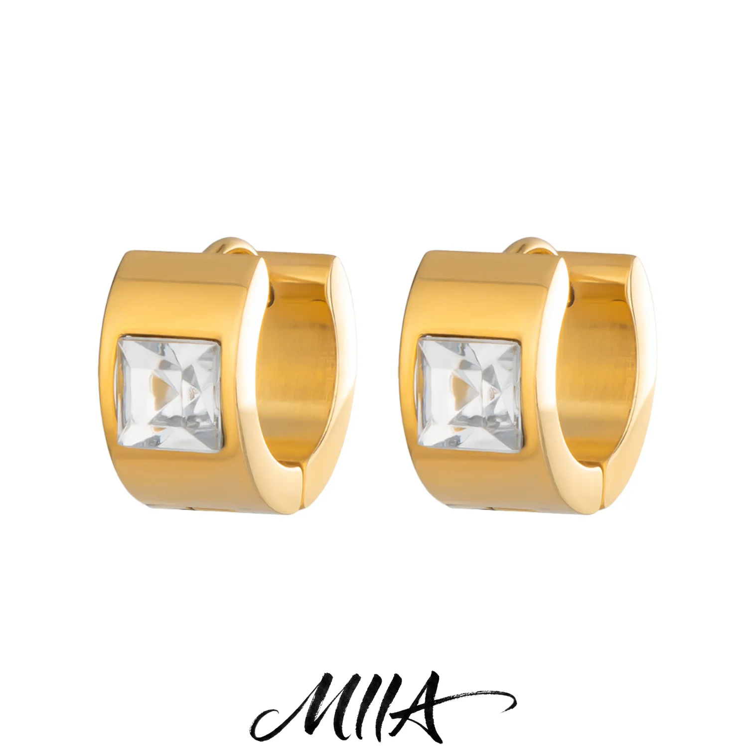 Miia 2pc Square Crystal Zircon CZ 7mm Width Stainless Steel Women Men Unisex Huggies Ear Buckle Hoop Earring Piercing Jewelry
