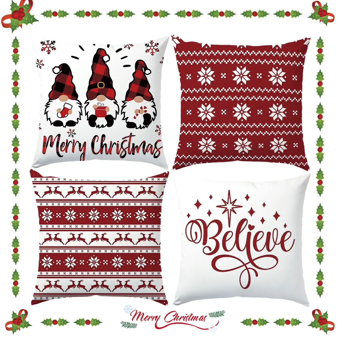45cm Red Christmas Throw Pillow Cover Dwarfs, Snowflakes, Deer Patterns,  “Merry Christmas” for Home  Sofa Cushion Cover Decor