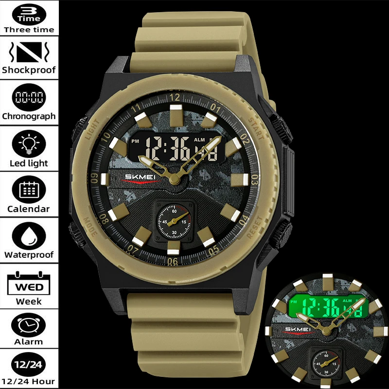 Marca SKMEI, relojes de cuarzo digitales deportivos a la moda resistentes al agua, cronógrafo de tres zonas horarias, alarma LED, reloj de pulsera para exteriores para hombres