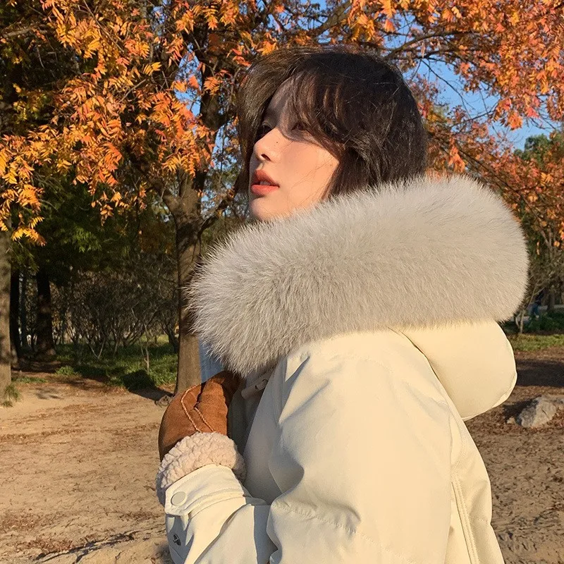 Winter Coat Women Luxury Hair Collar Down Coat Fashion Hooded Windproof Thick Warm Oversized Baggy Long White Duck Down Jacket