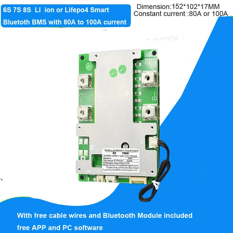 

7S 8S 24V Li ion or Lifepo4 Smart Bluetooth BMS with UART communication 80A or 100A constant current Intelligent PCB software