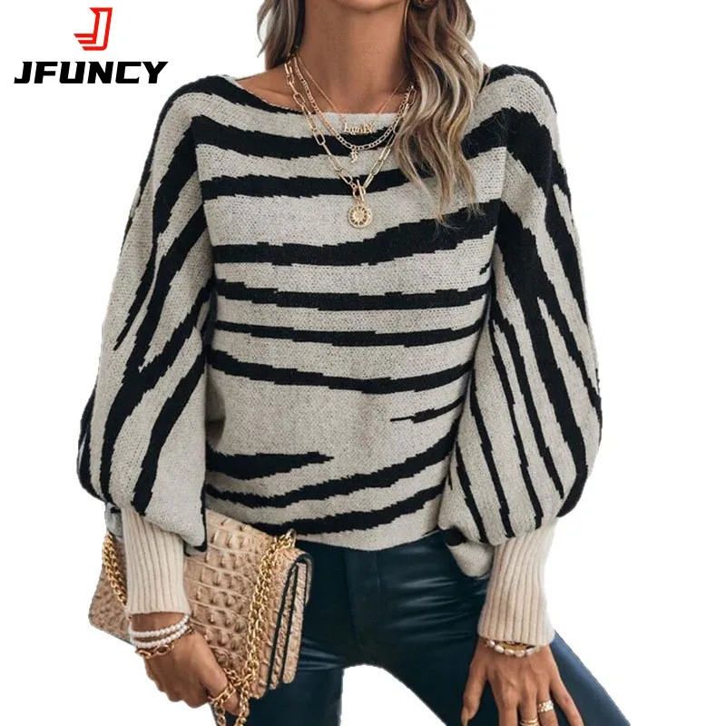 

2025 Autumn/Winter Women Knitted Pullover Tops Slash Neck Zebra Stripe Bat Sleeve Casual Lady Wear