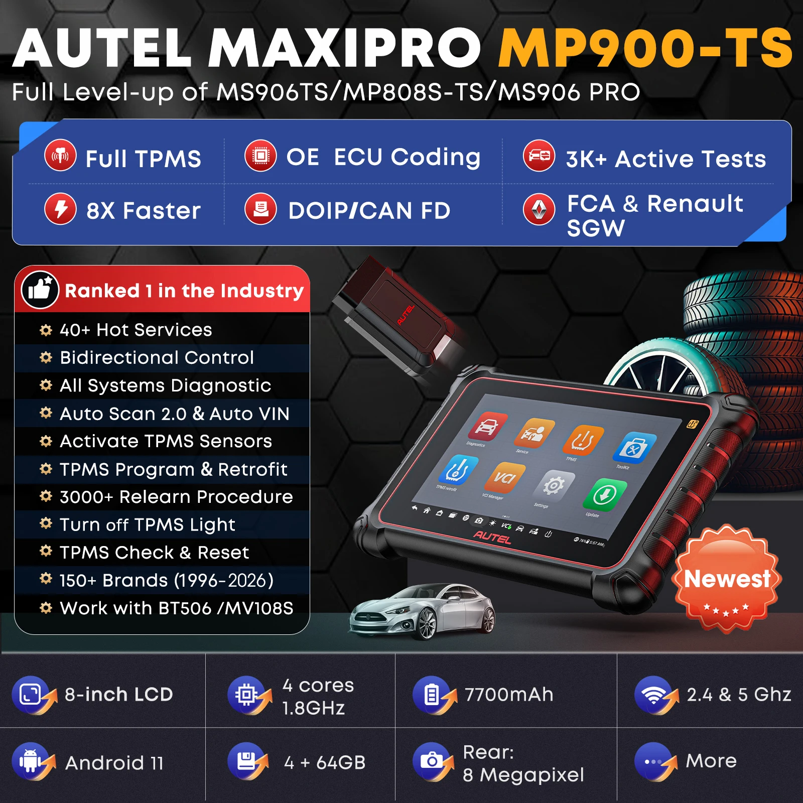 Autel Scanner MaxiPRO MP900-TS Car TPMS Diagnostic Tools OBD2 Scanner ECU Programming Coding Active Test CAN FD/DoIP PK MP808BT