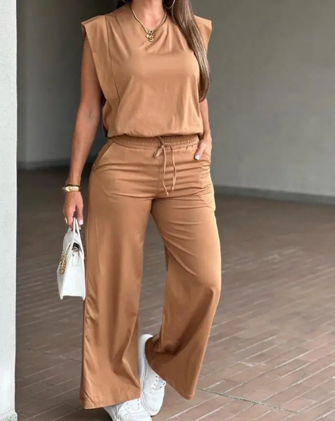 

Women Outfits 2 Pieces Round Neck Flutter Sleeve T Shirt Top & Casual Pocket Design Drawstring Pants Set for Women's Clothes