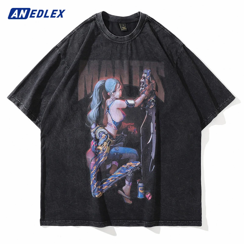 Distressed Oversized T-Shirt Men Hip Hop Japanese Anime Girl Print Tshirt Streetwear 2022 Summer Harajuku Fashion Cartoon TShirt