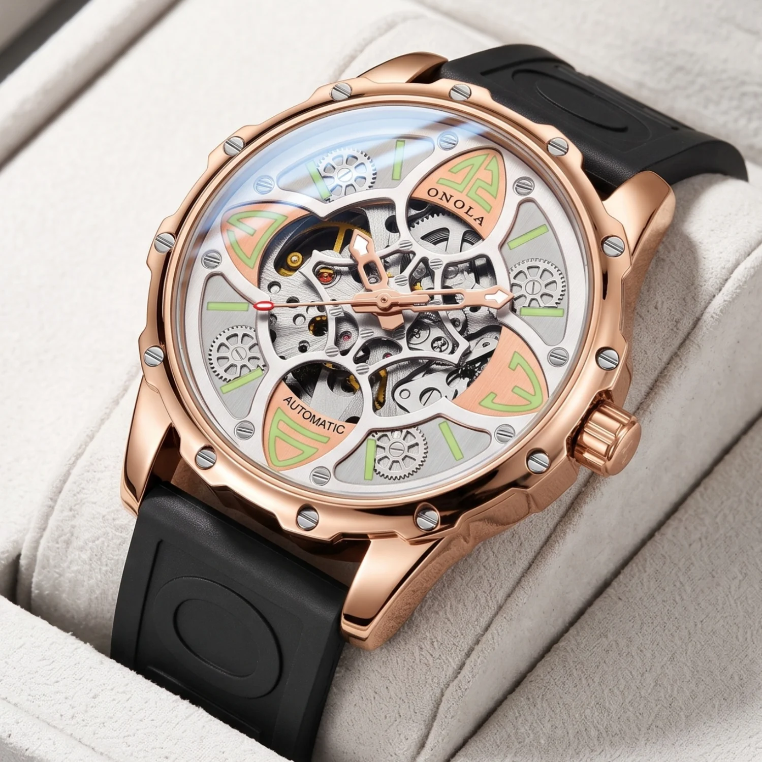 ONOLA Men's Mechanical Watch, Fashionable Casual Sports Style, Hollowed Out Dial with Luminous Hands, Daily Street Fashion Cloth