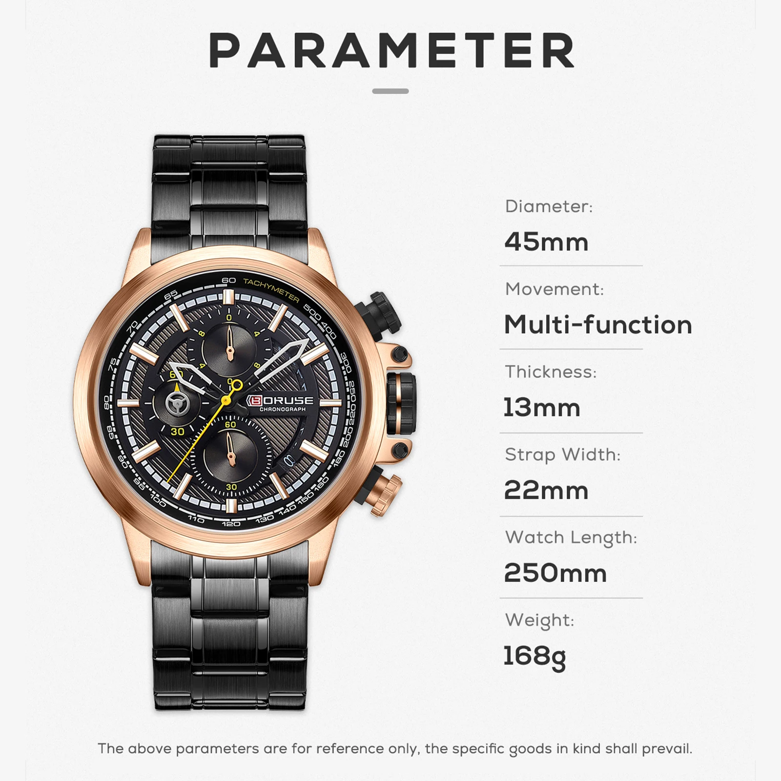 BORUSE Fashion Luxury Men Quartz Wristwatches 30M Waterproof Calendar Date Watch Man Stainless Steel Sport Chronograph Watch