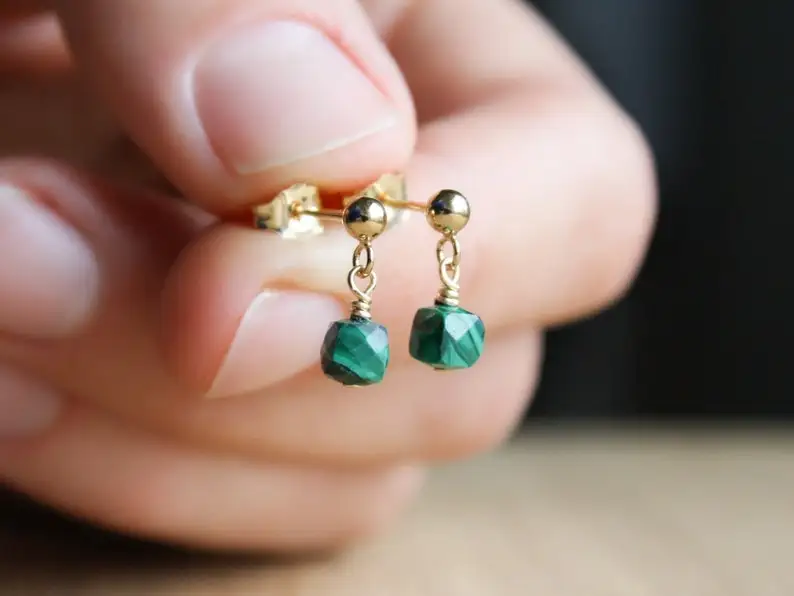 Malachite Stud Earrings Gold . Square Cube Stud Earrings Gold Filled . Green Stone Earrings Dangle NEW